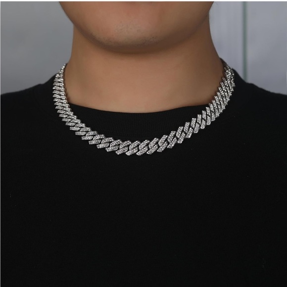 Iced Out Cuban Chain Necklace Silver Tone, 16 inches - Picture 3 of 5